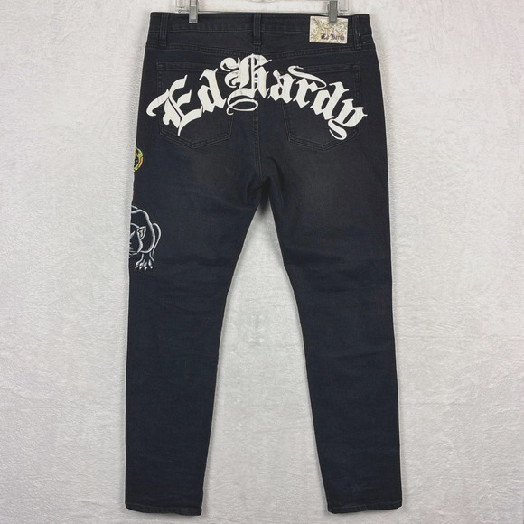 Ed Hardy Dagger Skull Slim Taper Jean Mens 34 Black Embroidered Faded Whiskers - Picture 3 of 12